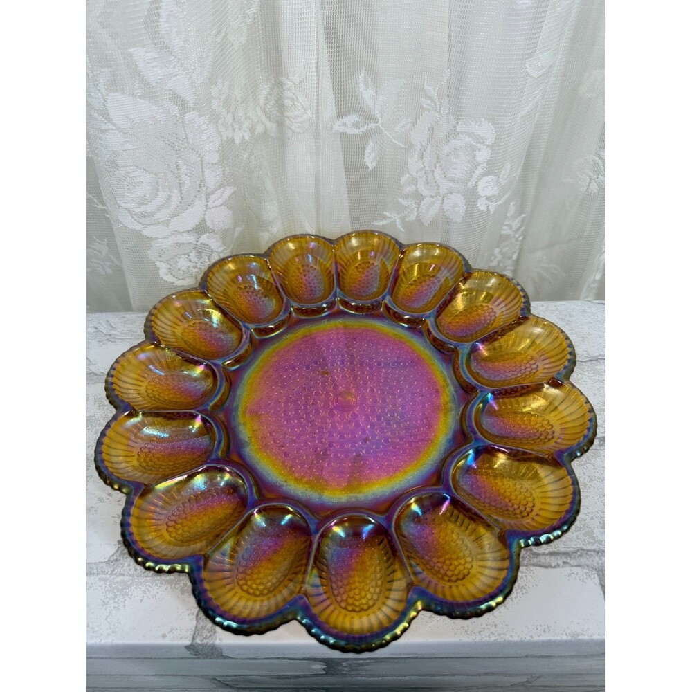 Vintage Indiana Glass Amber Carnival Glass Deviled Egg Plate 15 Egg 11" HEAVY